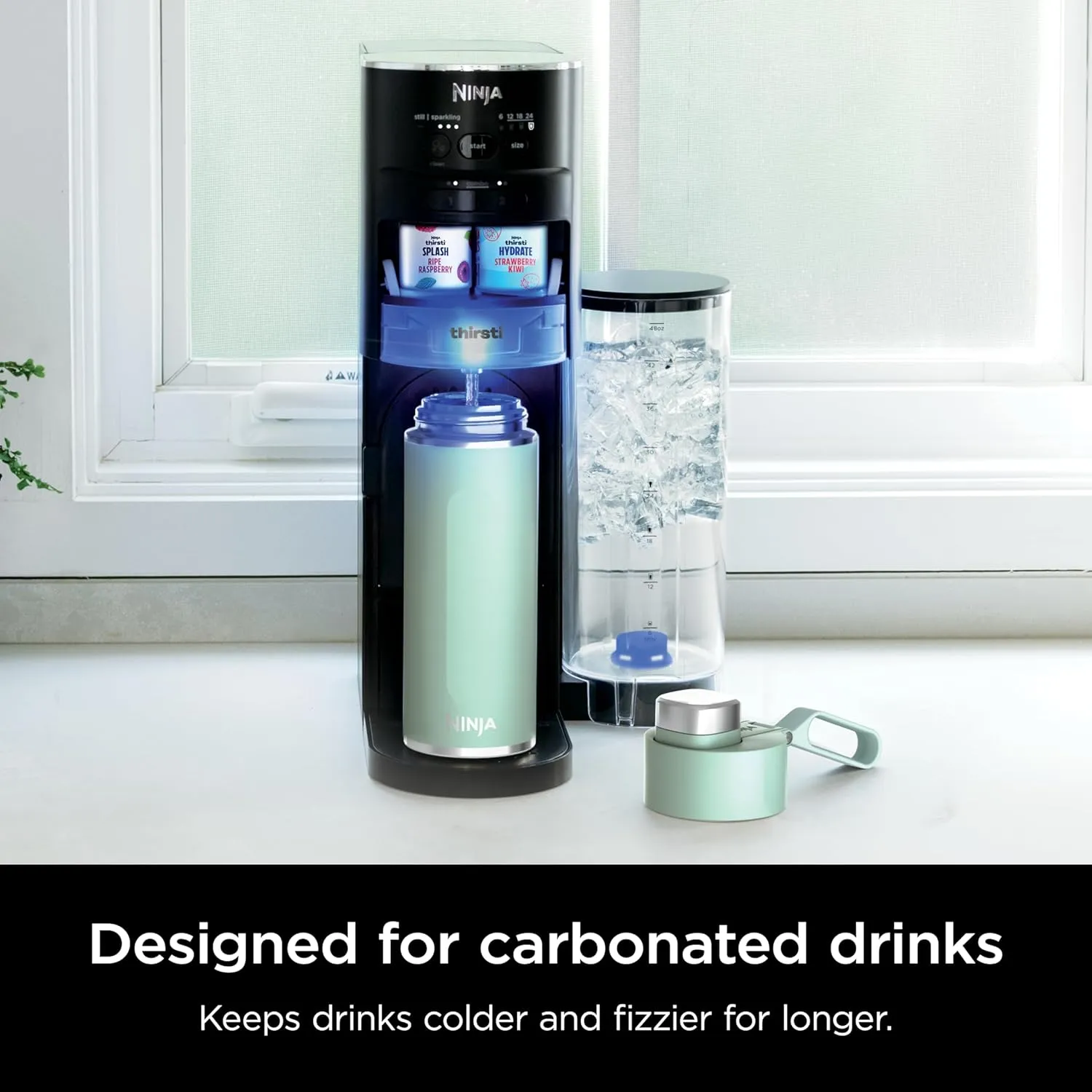 Ninja Thirsti 18oz Travel Water Bottle, For Carbonated Sparkling Drinks, Colder and Fizzier Longer, Leak Proof, 24 Hrs Cold, Dishwasher Safe, Stainless Steel Insulated Tumbler, Seafoam Blue, DW1801MT