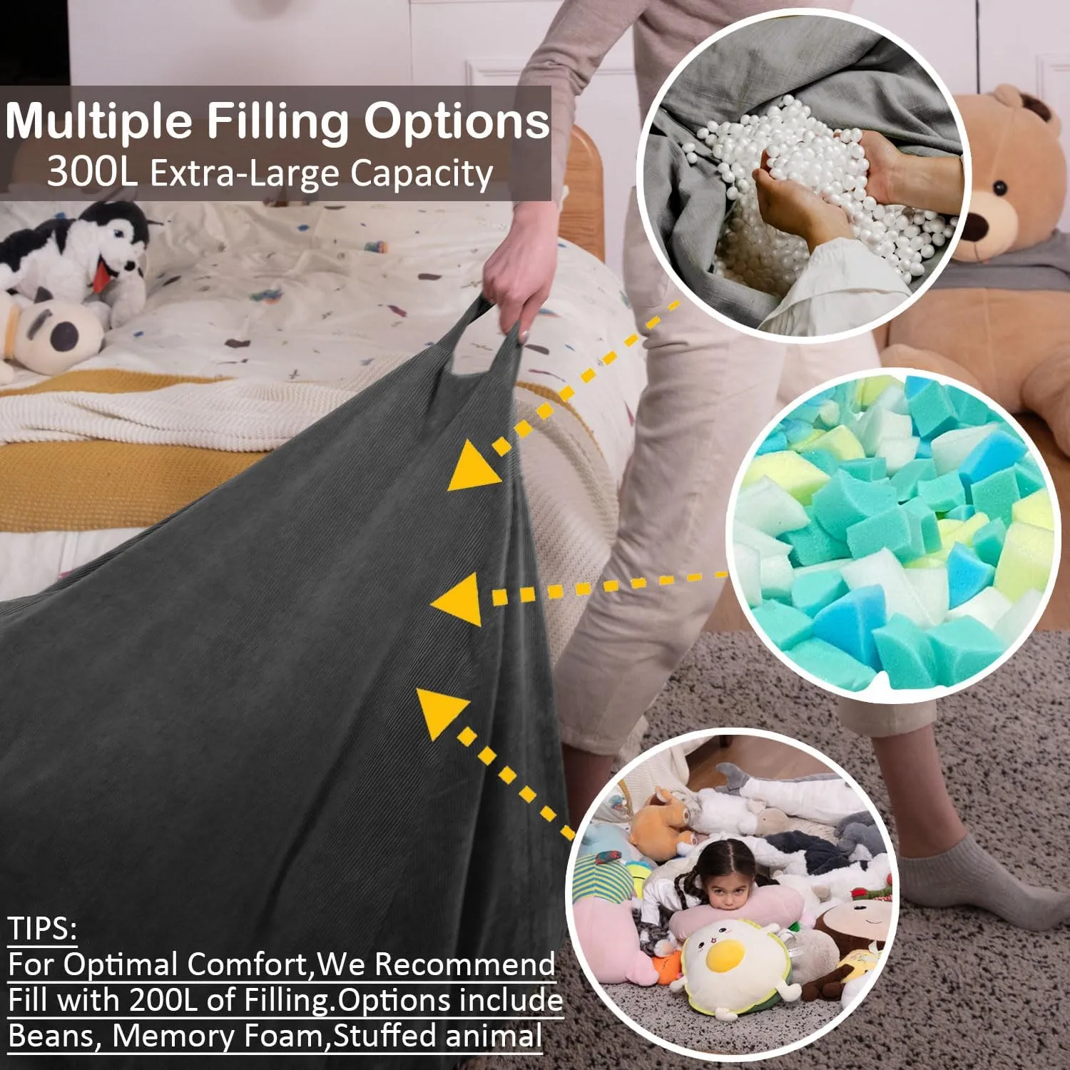 Nobildonna 3 ft Bean Bag Chair Cover (No Filler) 35"×43" Large Stuffed Animal Storage Bean Bag Washable Big Beanbag Chair Cover Premium Corduroy Bean Bag Cover for Adults,Kids,Dark Grey 300L