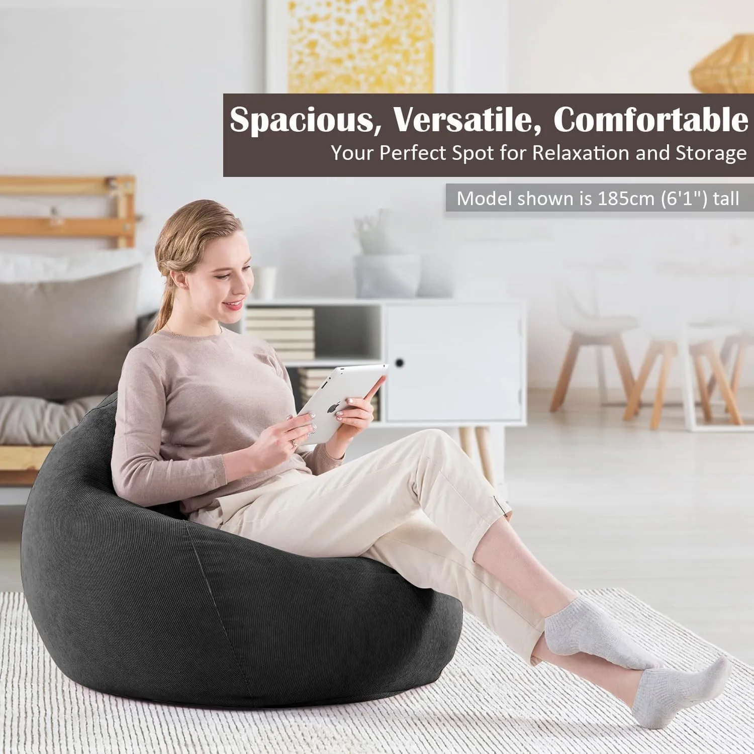 Nobildonna 3 ft Bean Bag Chair Cover (No Filler) 35"×43" Large Stuffed Animal Storage Bean Bag Washable Big Beanbag Chair Cover Premium Corduroy Bean Bag Cover for Adults,Kids,Dark Grey 300L