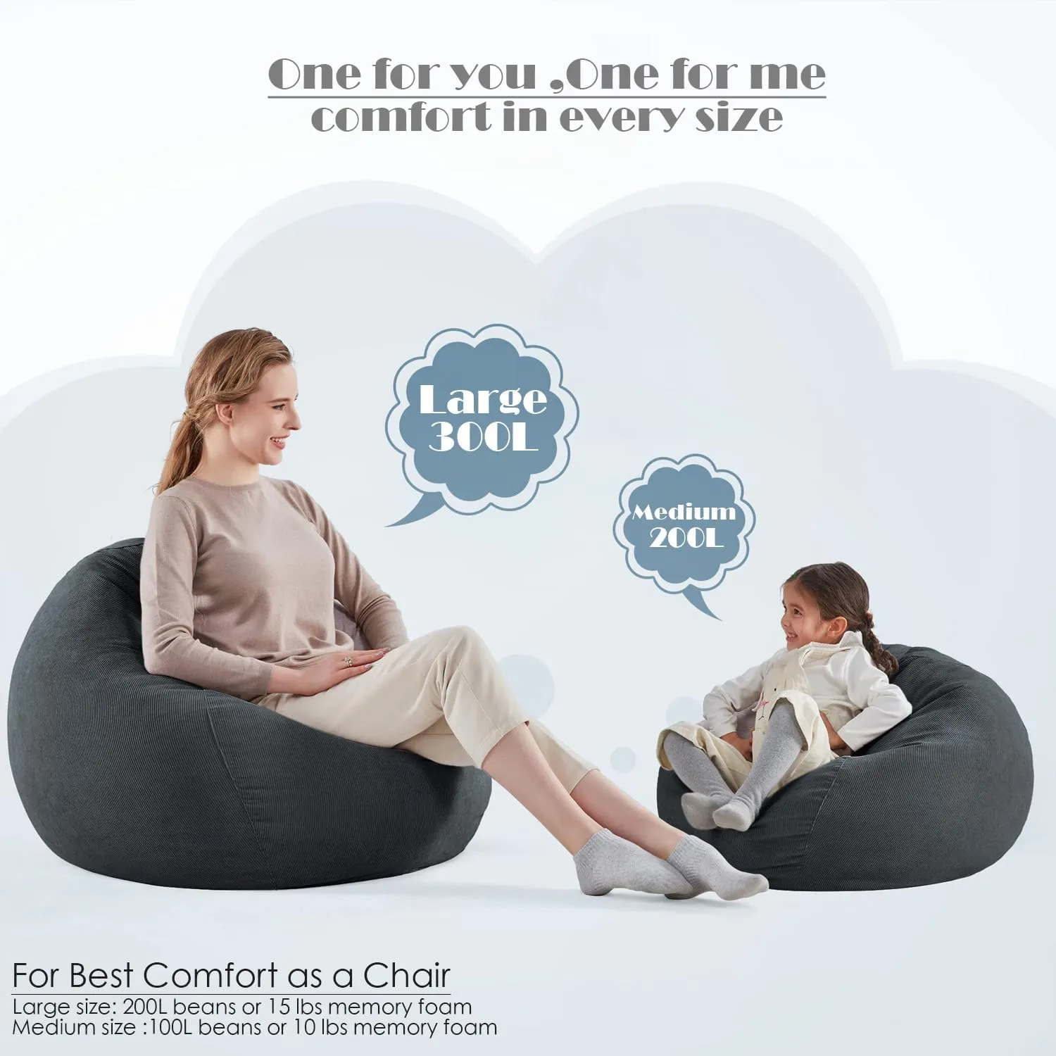 Nobildonna 3 ft Bean Bag Chair Cover (No Filler) 35"×43" Large Stuffed Animal Storage Bean Bag Washable Big Beanbag Chair Cover Premium Corduroy Bean Bag Cover for Adults,Kids,Dark Grey 300L