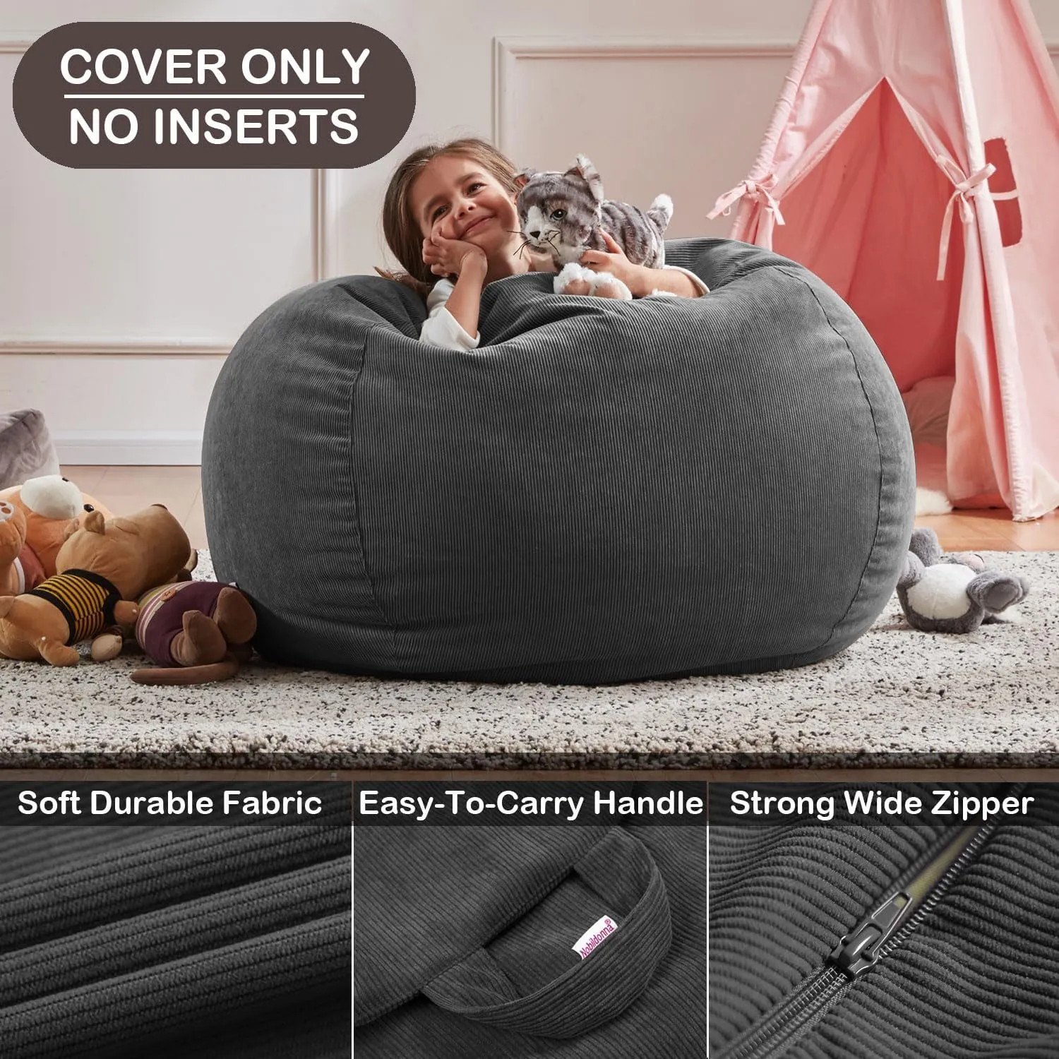 Nobildonna 3 ft Bean Bag Chair Cover (No Filler) 35"×43" Large Stuffed Animal Storage Bean Bag Washable Big Beanbag Chair Cover Premium Corduroy Bean Bag Cover for Adults,Kids,Dark Grey 300L