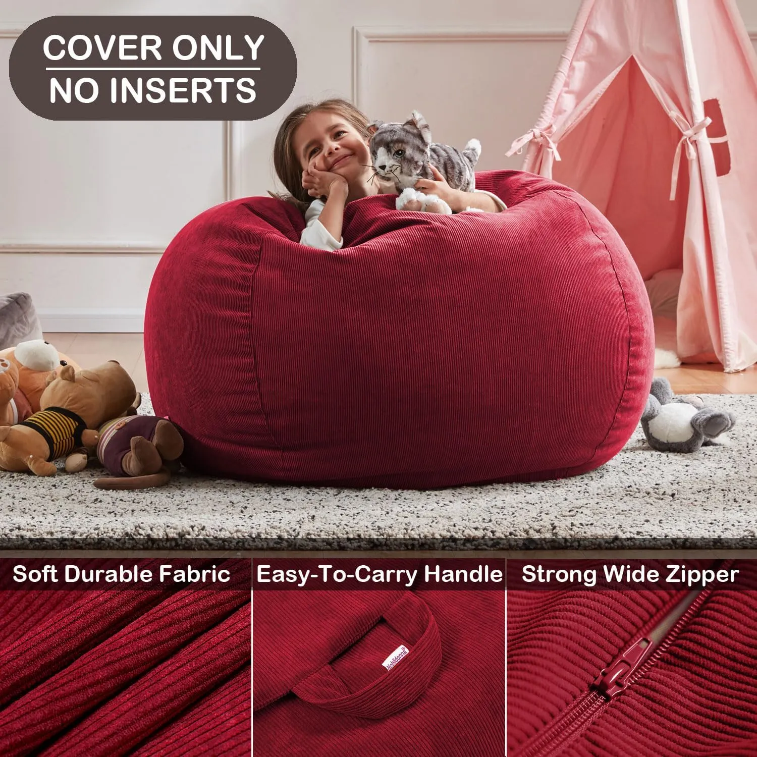 Nobildonna 3 ft Bean Bag Chair Cover (No Filler) 35"×43" Large Stuffed Animal Storage Bean Bag Washable Big Beanbag Chair Cover Premium Corduroy Bean Bag Cover for Adults,Kids,Wine Red 300L