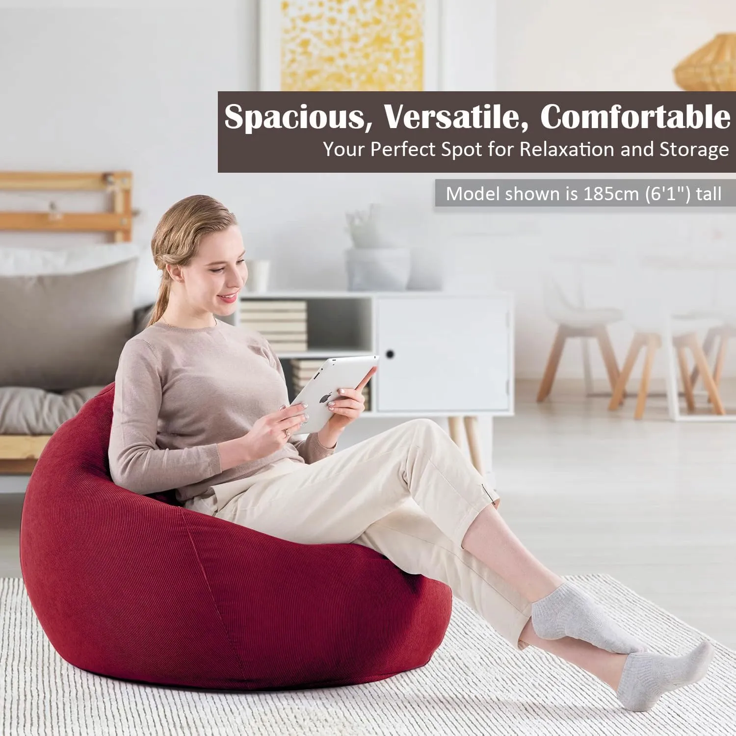 Nobildonna 3 ft Bean Bag Chair Cover (No Filler) 35"×43" Large Stuffed Animal Storage Bean Bag Washable Big Beanbag Chair Cover Premium Corduroy Bean Bag Cover for Adults,Kids,Wine Red 300L