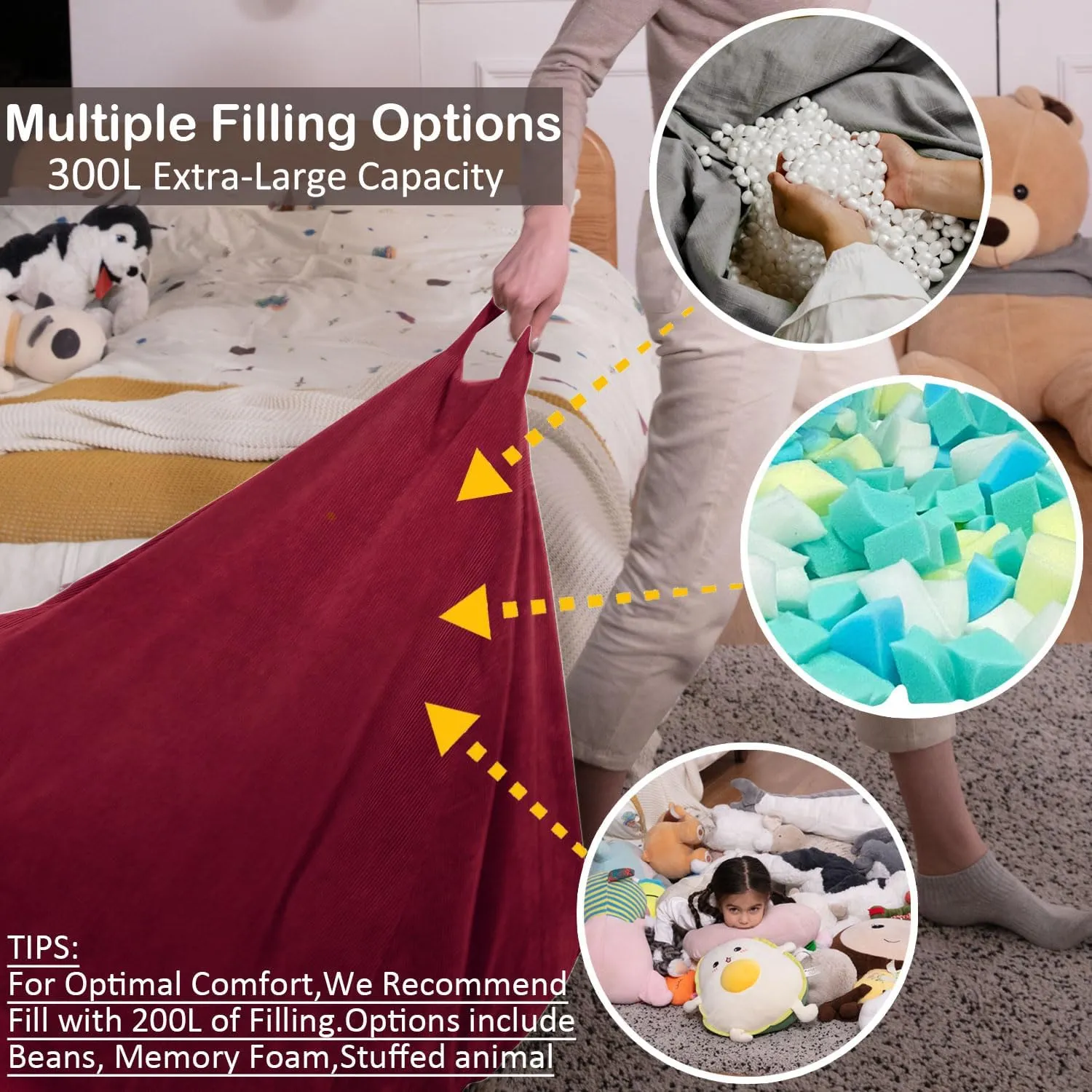 Nobildonna 3 ft Bean Bag Chair Cover (No Filler) 35"×43" Large Stuffed Animal Storage Bean Bag Washable Big Beanbag Chair Cover Premium Corduroy Bean Bag Cover for Adults,Kids,Wine Red 300L