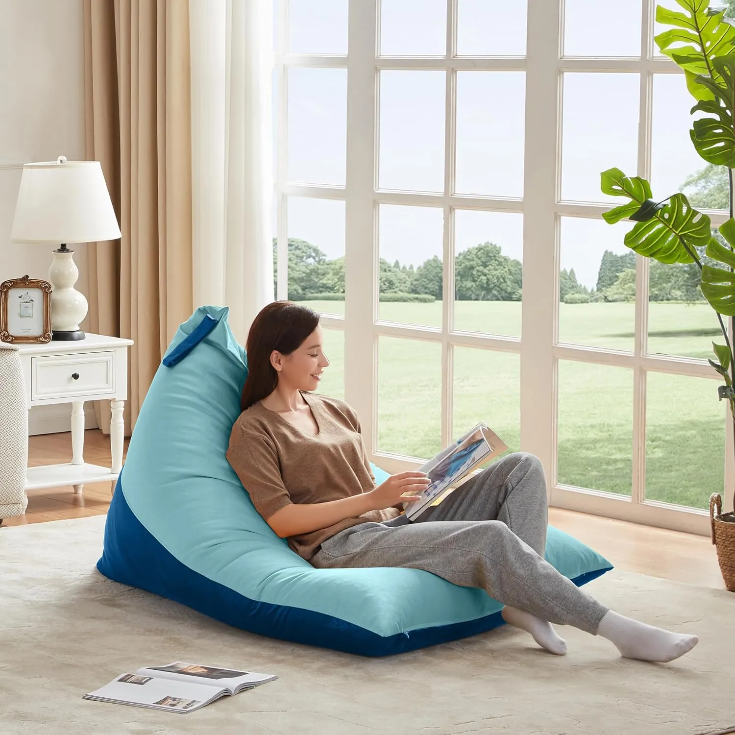 Nobildonna 4ft Bean Bag Chair Cover (No Filler) for Adults, 400L Extra Large Premium Velvet Beanbag Chair Cover, Washable Beanbag Without Filling Ultra Soft Triangular Lazy Sofa Cover (Cyan Blue)