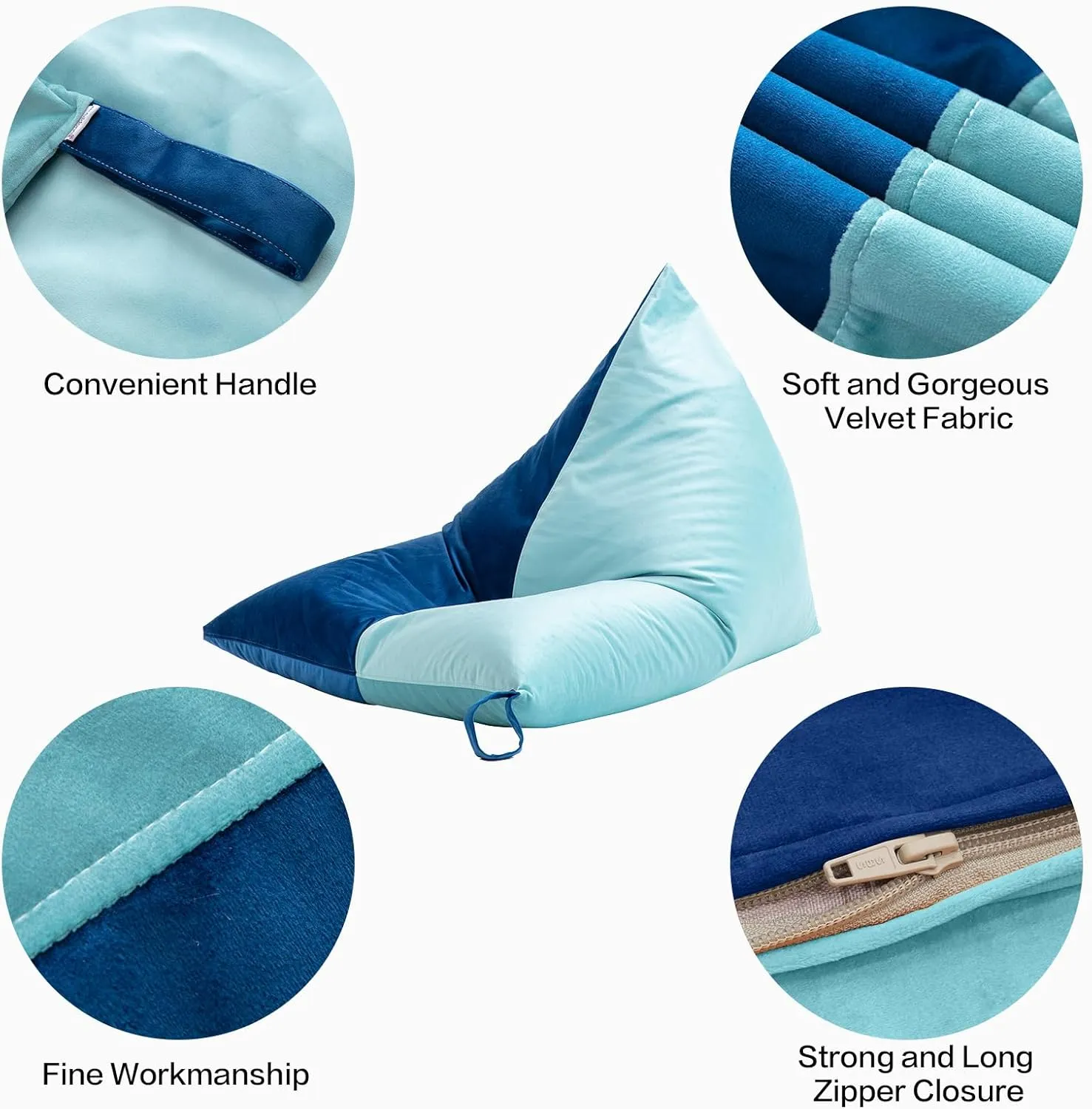Nobildonna 4ft Bean Bag Chair Cover (No Filler) for Adults, 400L Extra Large Premium Velvet Beanbag Chair Cover, Washable Beanbag Without Filling Ultra Soft Triangular Lazy Sofa Cover (Cyan Blue)