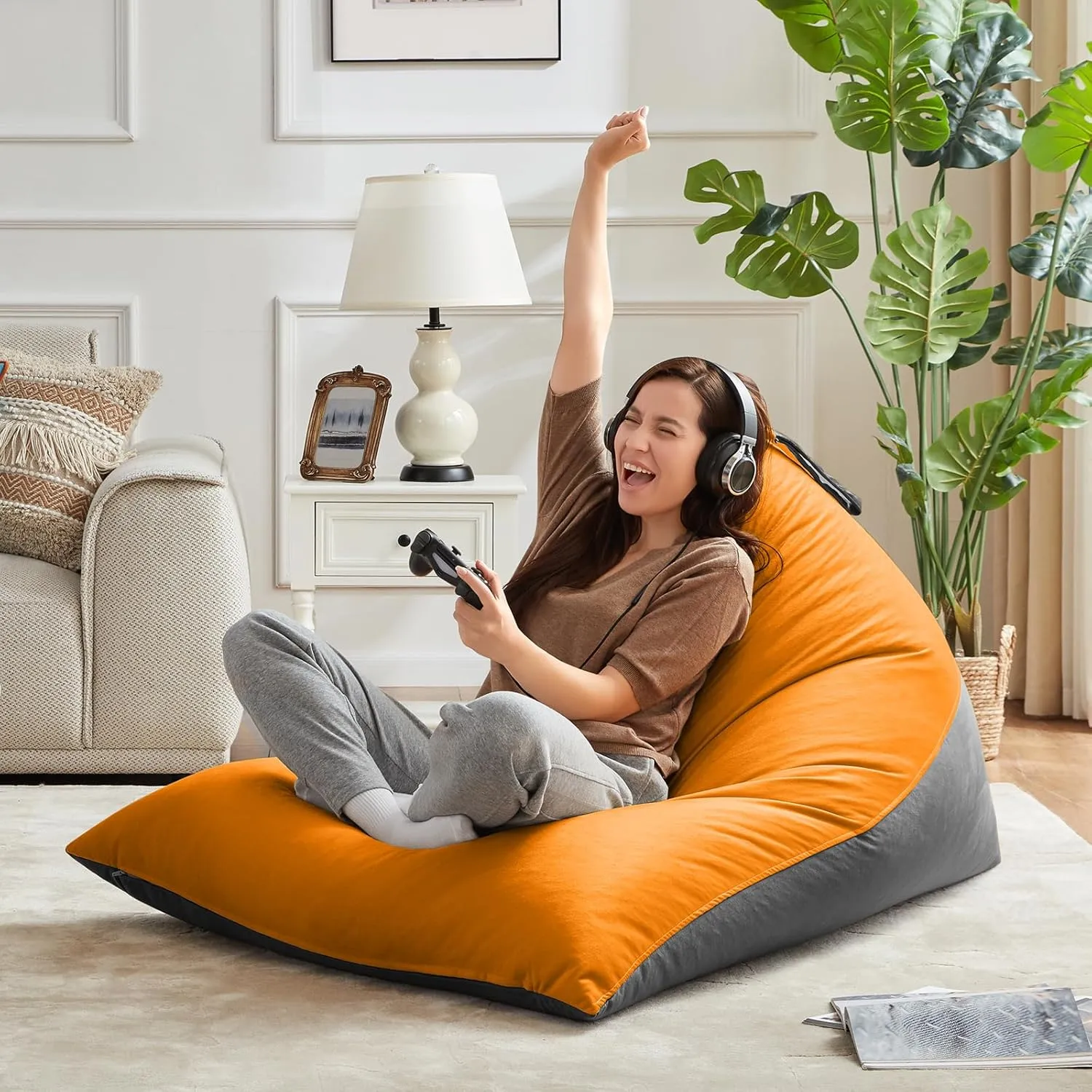 Nobildonna 4ft Bean Bag Chair Cover (No Filler) for Adults, 400L Extra Large Premium Velvet Beanbag Chair Cover, Washable Beanbag Without Filling Ultra Soft Triangular Lazy Sofa Cover (Orang Grey)