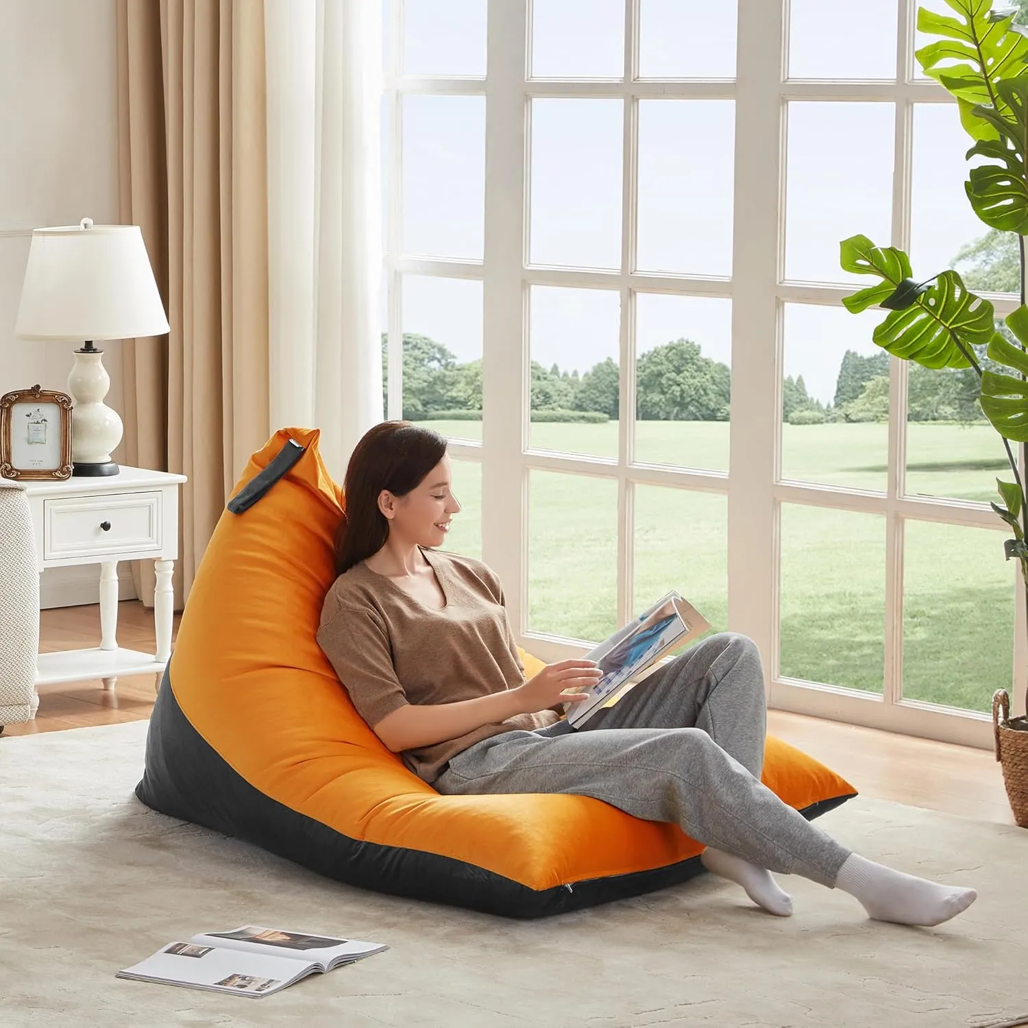 Nobildonna 4ft Bean Bag Chair Cover (No Filler) for Adults, 400L Extra Large Premium Velvet Beanbag Chair Cover, Washable Beanbag Without Filling Ultra Soft Triangular Lazy Sofa Cover (Orang Grey)