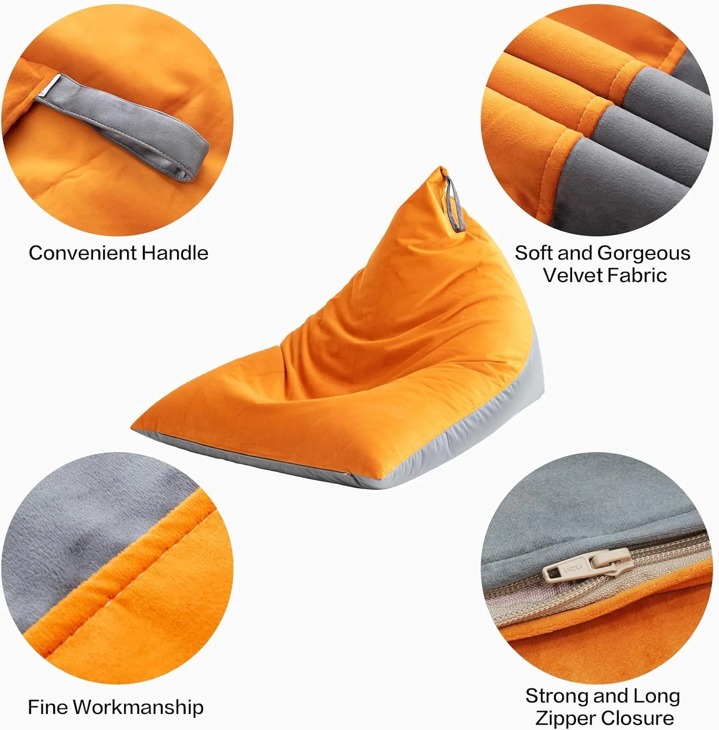 Nobildonna 4ft Bean Bag Chair Cover (No Filler) for Adults, 400L Extra Large Premium Velvet Beanbag Chair Cover, Washable Beanbag Without Filling Ultra Soft Triangular Lazy Sofa Cover (Orang Grey)