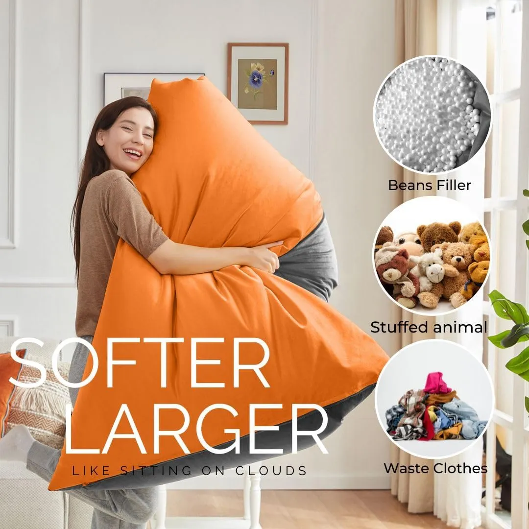 Nobildonna 4ft Bean Bag Chair Cover (No Filler) for Adults, 400L Extra Large Premium Velvet Beanbag Chair Cover, Washable Beanbag Without Filling Ultra Soft Triangular Lazy Sofa Cover (Orang Grey)