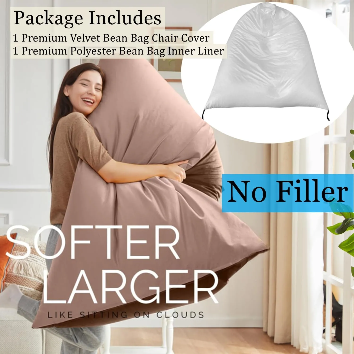 Nobildonna Bean Bag Chair Cover with Bean Bag Inner Liner Cover (No Filler), 400L Extra Large Triangular Removable and Clean Beanbag Chair Cover Ultra Soft Lazy Sofa Premium Velvet Cover (Brown)