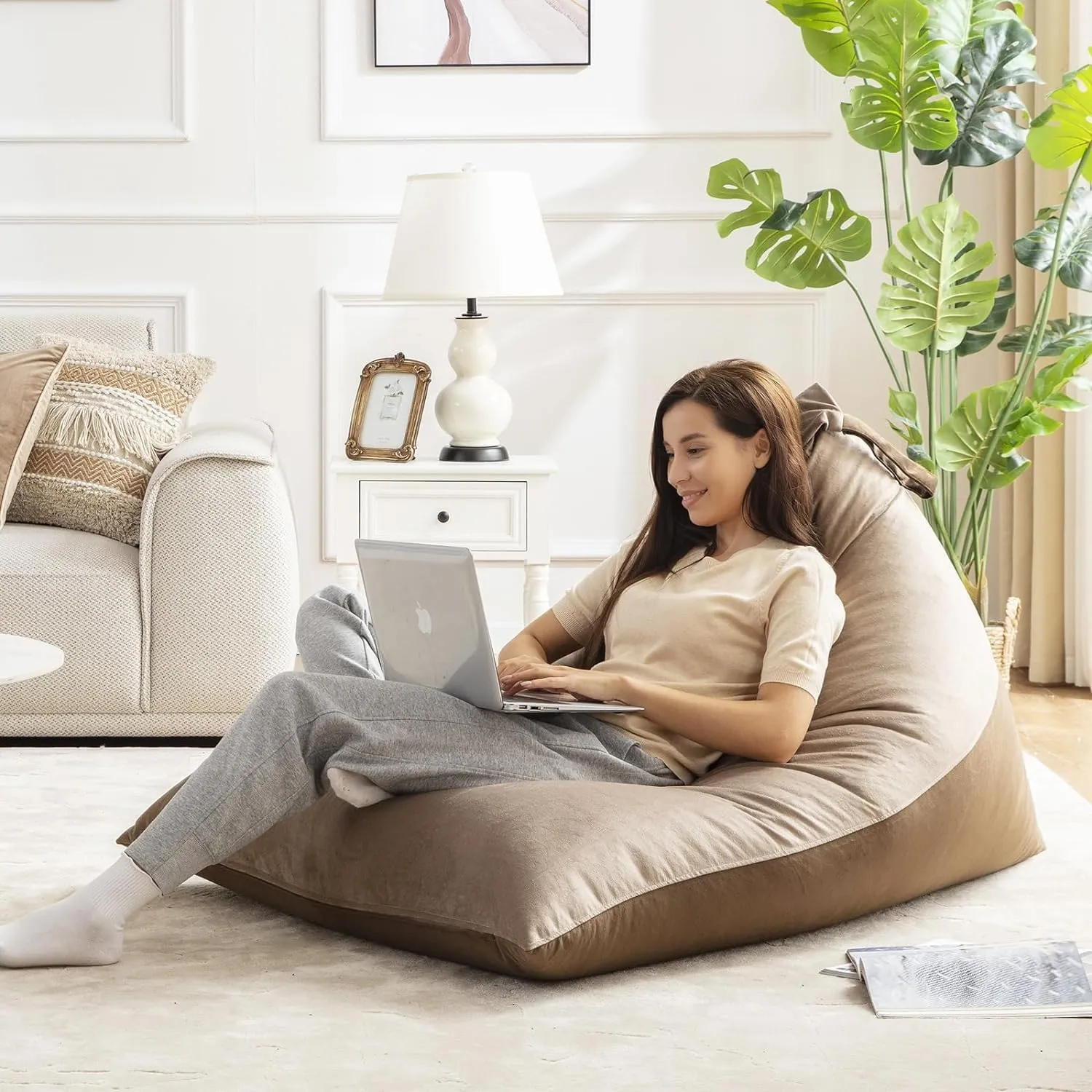 Nobildonna Bean Bag Chair Cover with Bean Bag Inner Liner Cover (No Filler), 400L Extra Large Triangular Removable and Clean Beanbag Chair Cover Ultra Soft Lazy Sofa Premium Velvet Cover (Brown)
