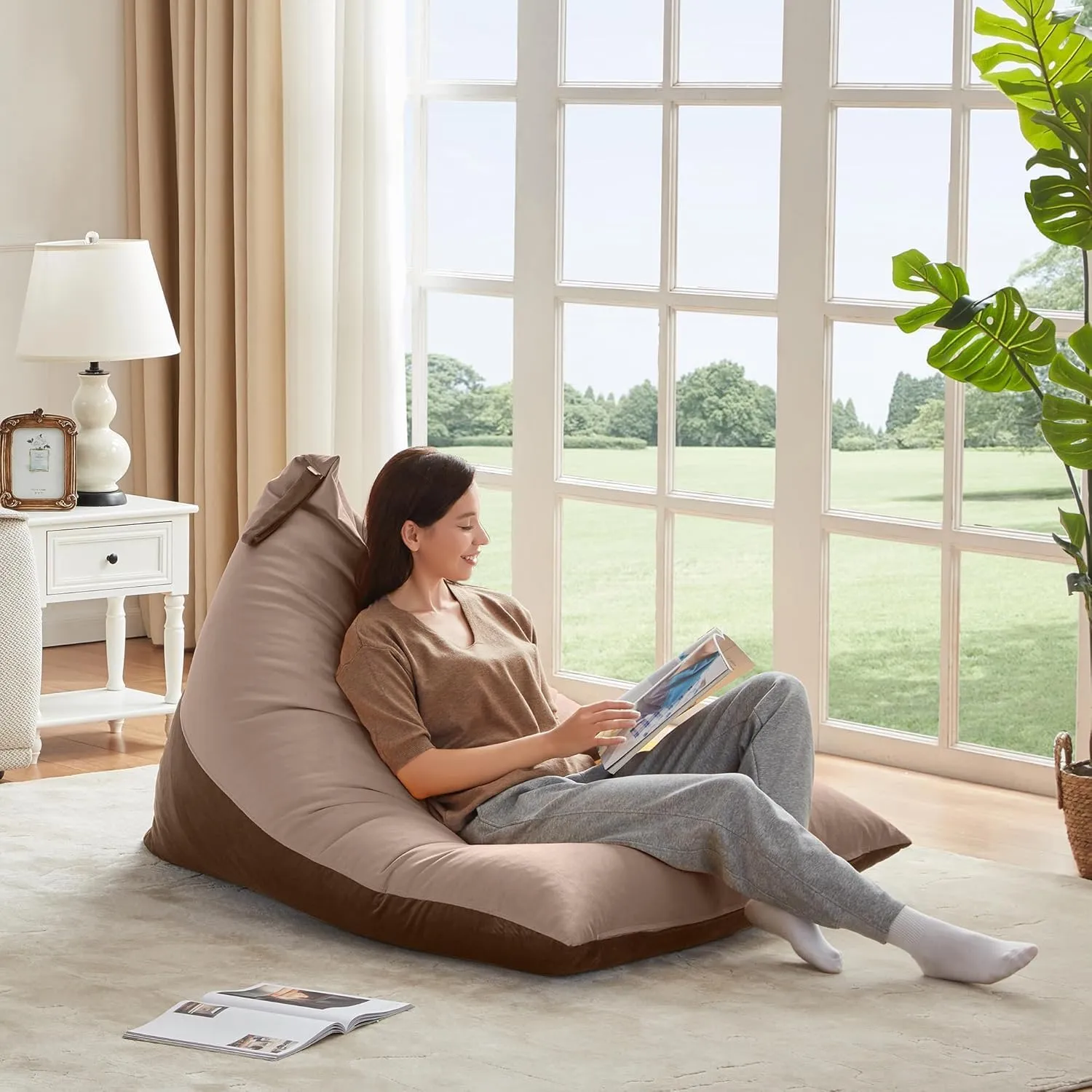 Nobildonna Bean Bag Chair Cover with Bean Bag Inner Liner Cover (No Filler), 400L Extra Large Triangular Removable and Clean Beanbag Chair Cover Ultra Soft Lazy Sofa Premium Velvet Cover (Brown)