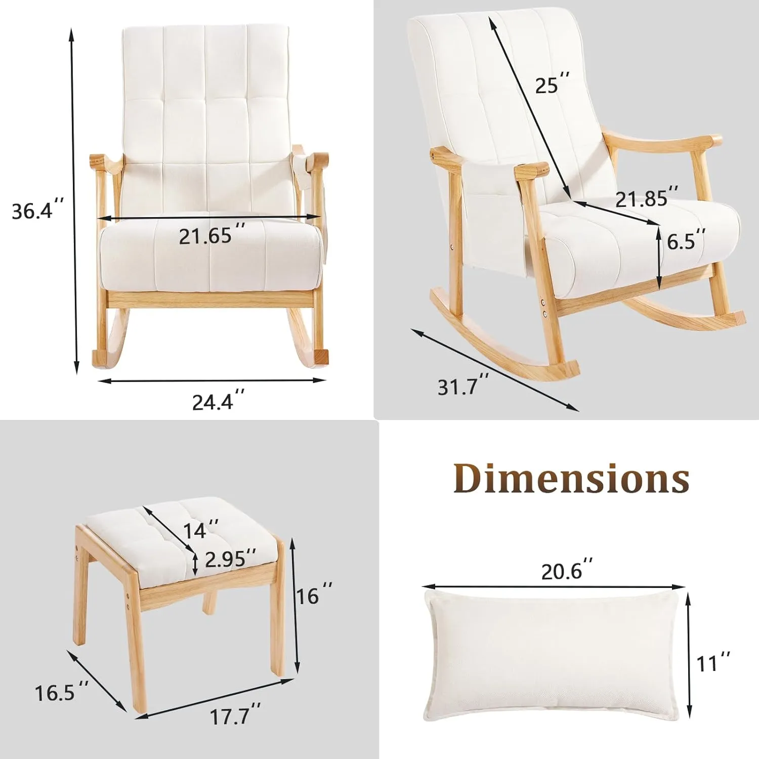 NOBLEMOOD Upholstered Rocking Chair with Ottoman, Modern Indoor Nursery Glider Rocker Chair, Solid Wood High Back Armchair with Fabric Padded Seat for Living Room Bedroom