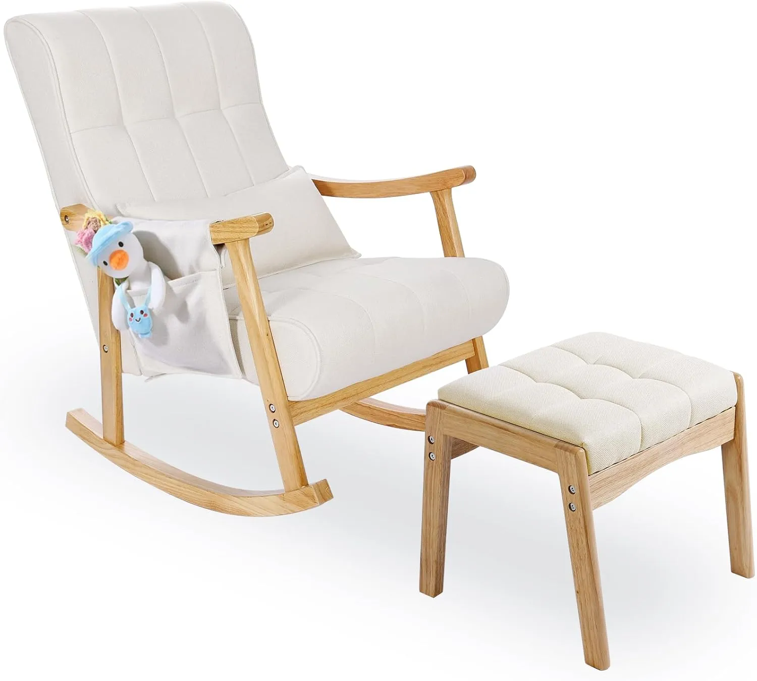 NOBLEMOOD Upholstered Rocking Chair with Ottoman, Modern Indoor Nursery Glider Rocker Chair, Solid Wood High Back Armchair with Fabric Padded Seat for Living Room Bedroom