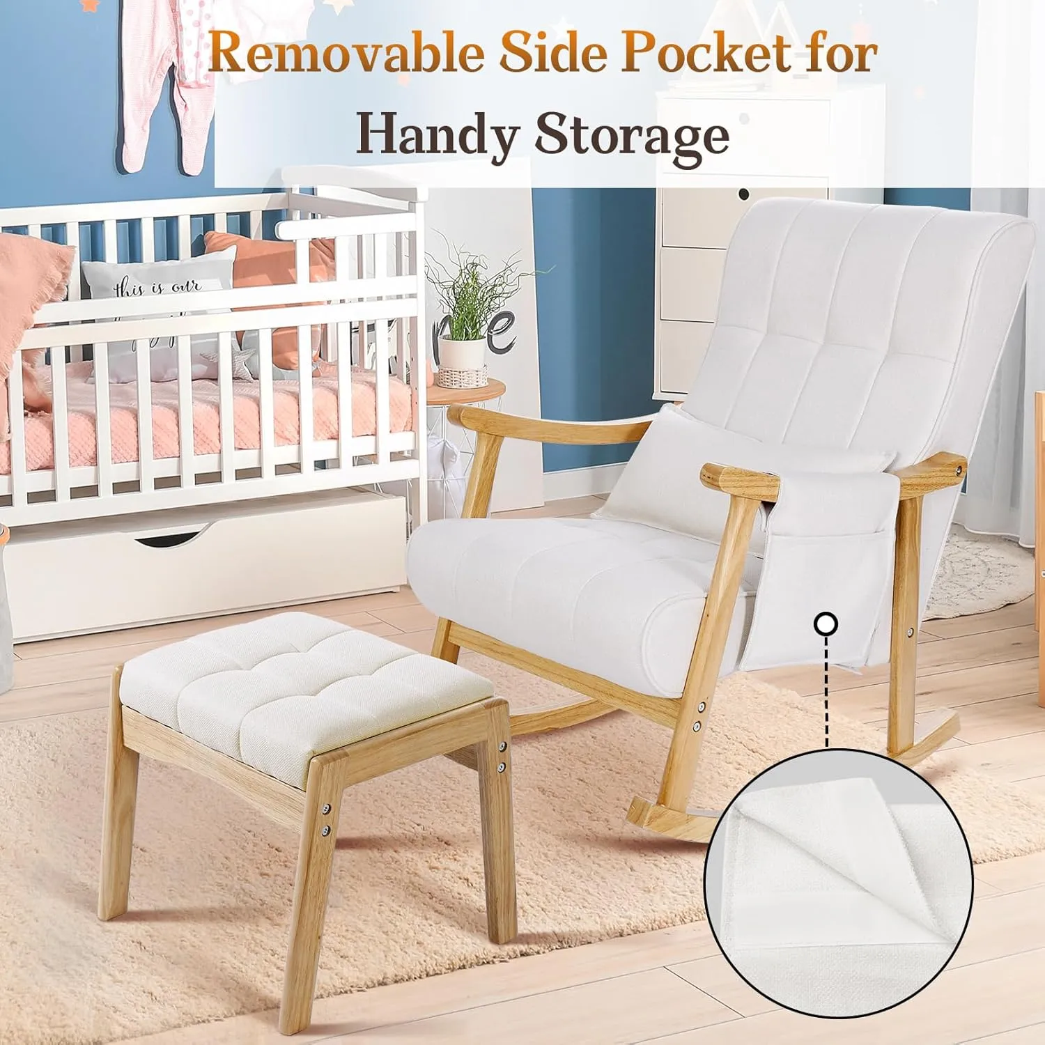 NOBLEMOOD Upholstered Rocking Chair with Ottoman, Modern Indoor Nursery Glider Rocker Chair, Solid Wood High Back Armchair with Fabric Padded Seat for Living Room Bedroom
