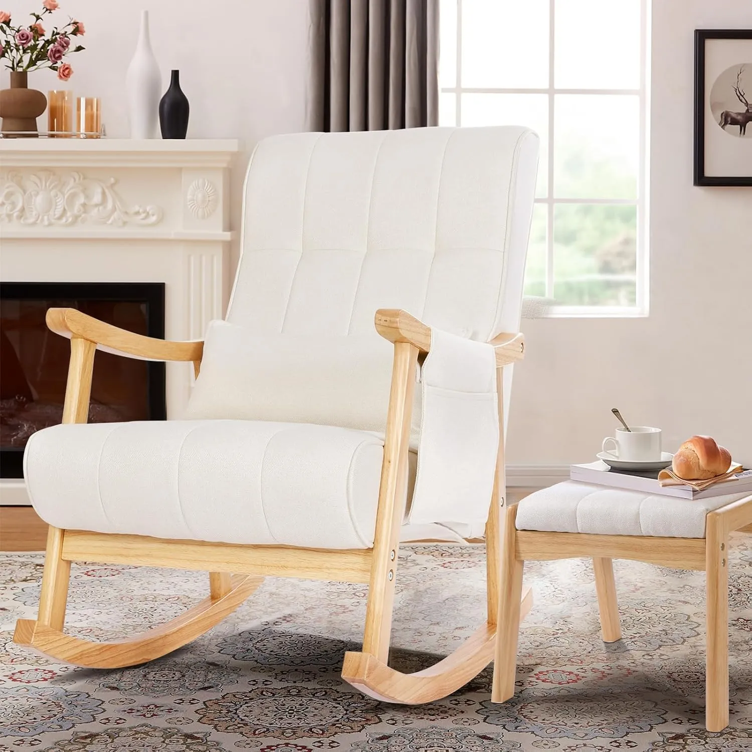 NOBLEMOOD Upholstered Rocking Chair with Ottoman, Modern Indoor Nursery Glider Rocker Chair, Solid Wood High Back Armchair with Fabric Padded Seat for Living Room Bedroom