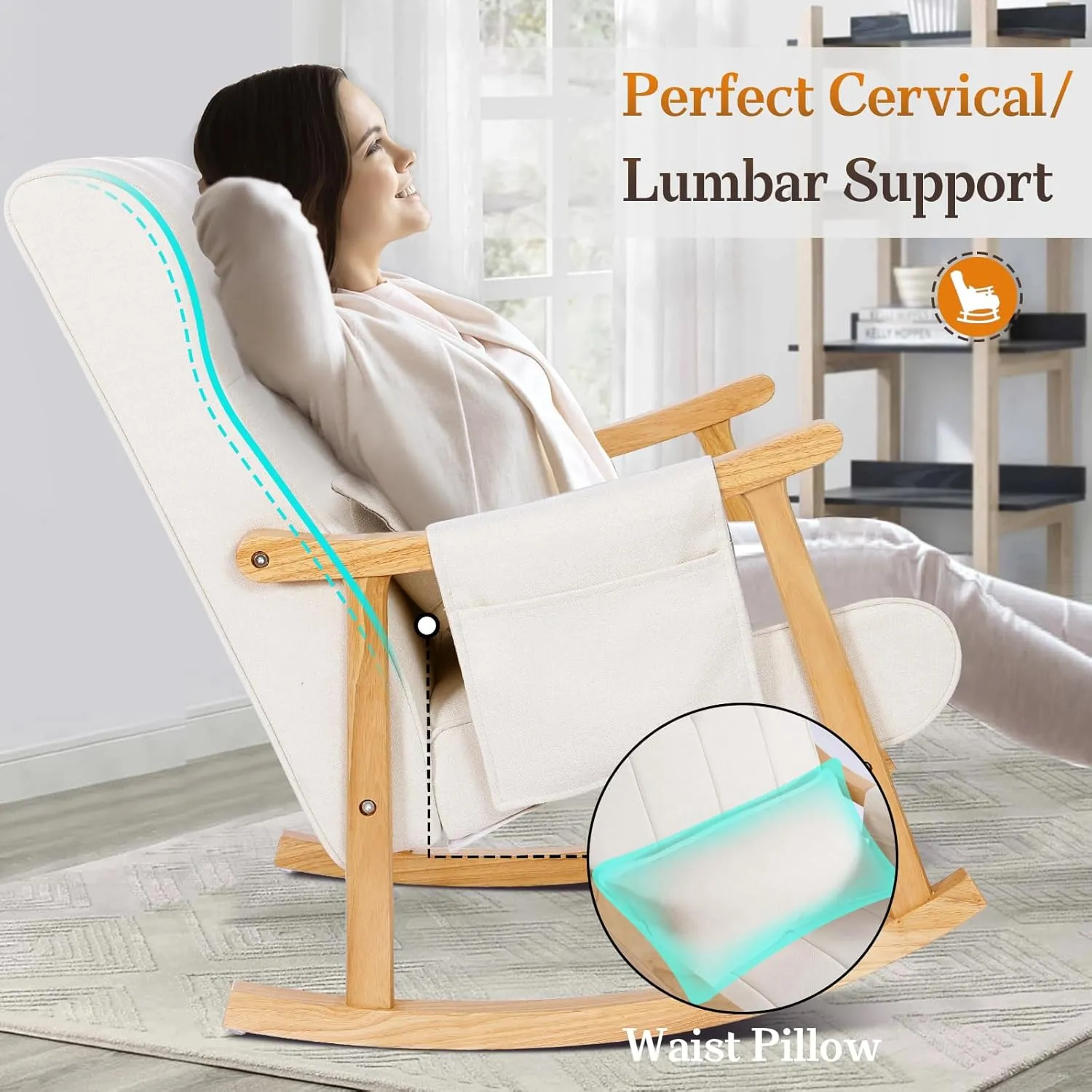 NOBLEMOOD Upholstered Rocking Chair with Ottoman, Modern Indoor Nursery Glider Rocker Chair, Solid Wood High Back Armchair with Fabric Padded Seat for Living Room Bedroom