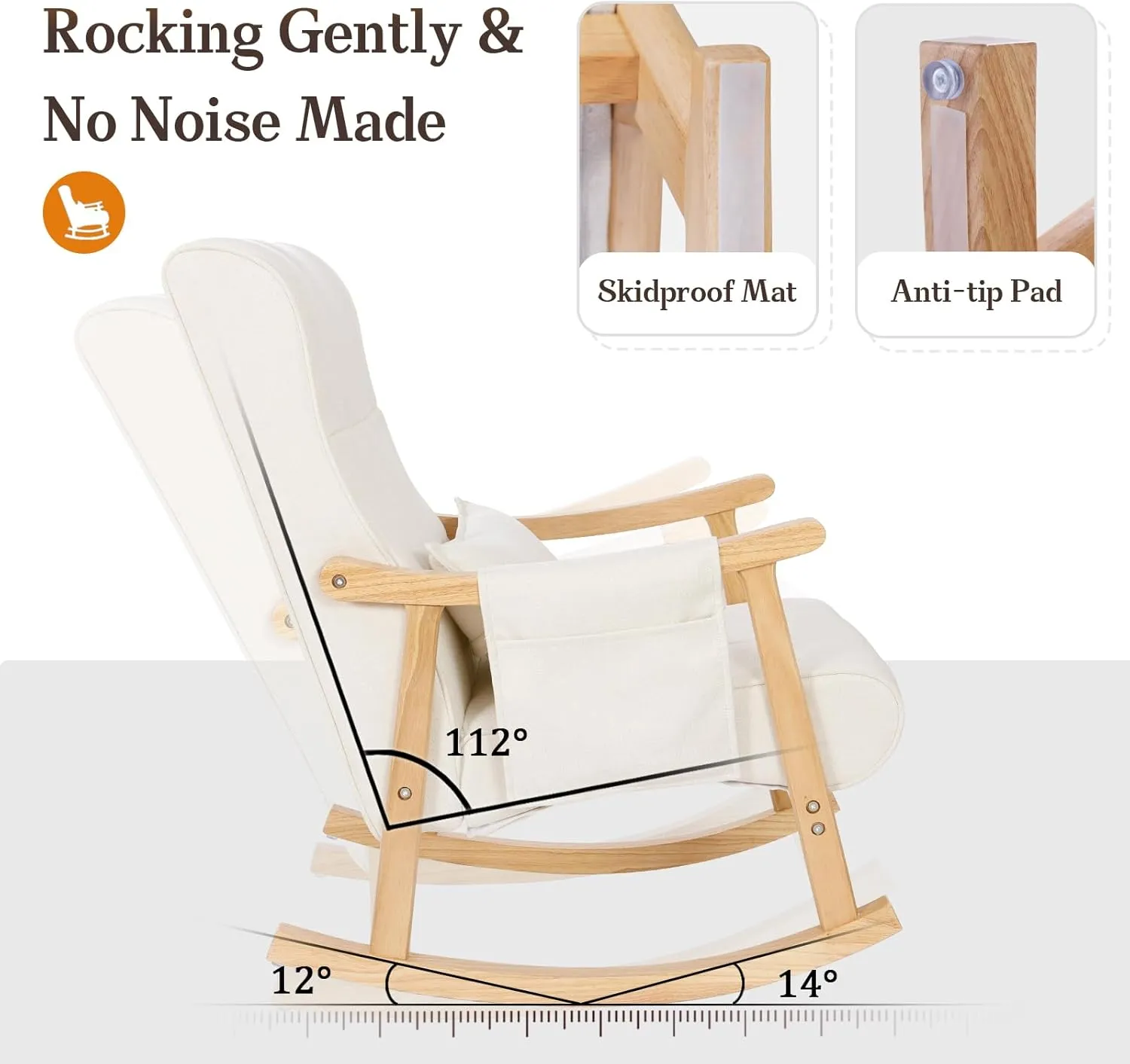 NOBLEMOOD Upholstered Rocking Chair with Ottoman, Modern Indoor Nursery Glider Rocker Chair, Solid Wood High Back Armchair with Fabric Padded Seat for Living Room Bedroom