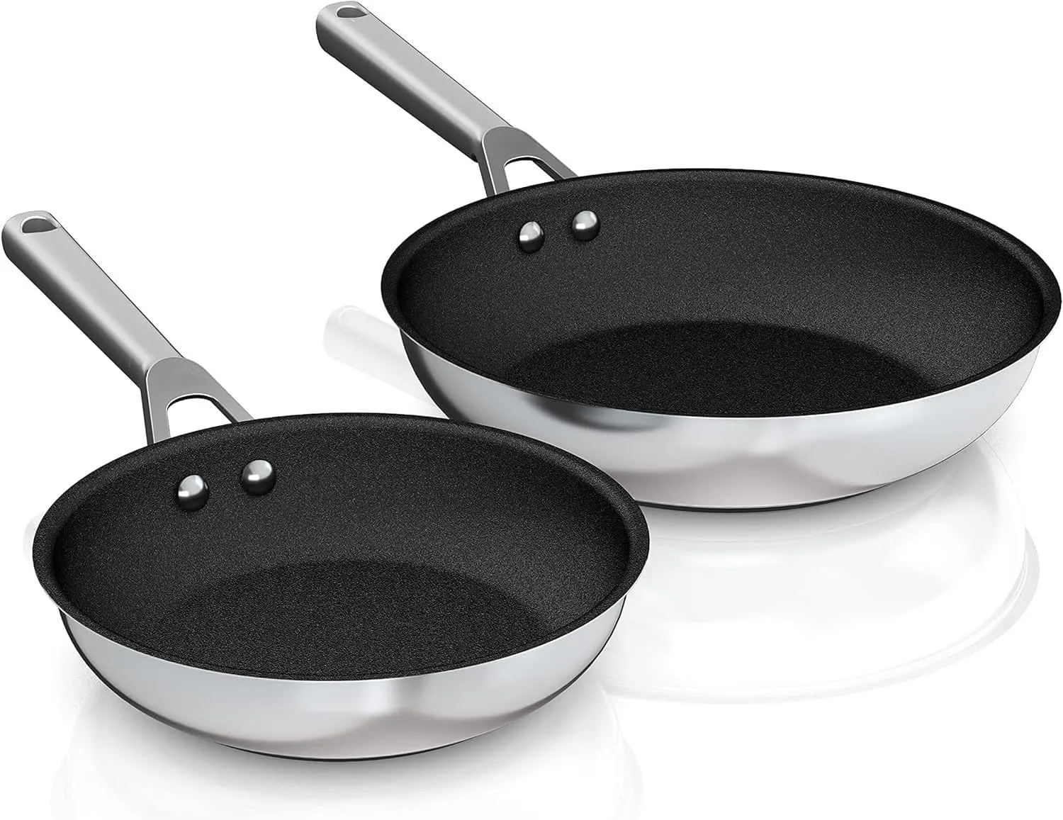 Non-Stick Stainless Steel Fry Pan Set,8 & 10 Inch,Gas/Electric/Induction Compatible,PFOA-Free,Dishwasher Safe,Oven Safe up to 500°F,2-Piece Cookware,Even Heat Distribution & Stay-Cool Handles.