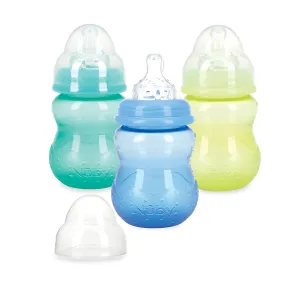 Nuby Wide Neck Non-Drip Bottle - Baby Bottles with Anti-Colic Vari-Flo Valve - (3-Pack) 8 oz - 0  Months - Yellow, Blue, Green