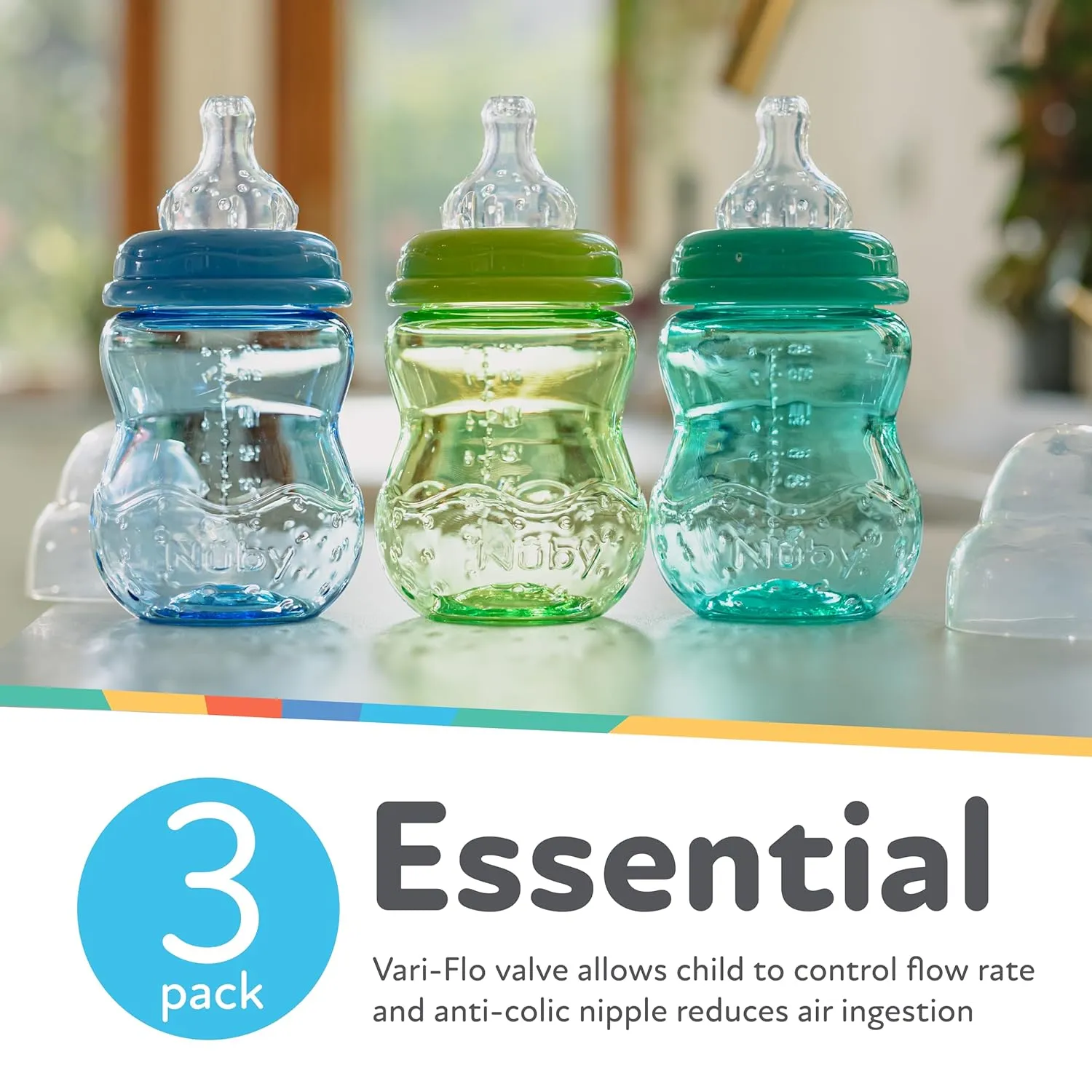 Nuby Wide Neck Non-Drip Bottle - Baby Bottles with Anti-Colic Vari-Flo Valve - (3-Pack) 8 oz - 0  Months - Yellow, Blue, Green
