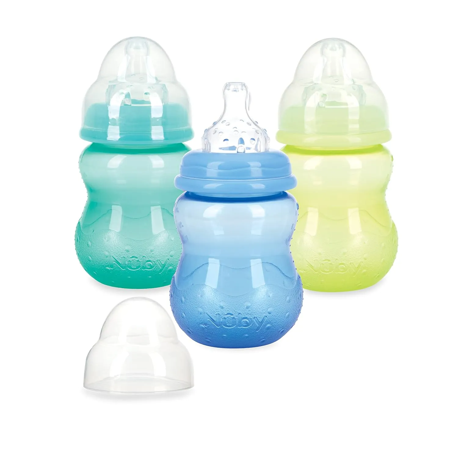 Nuby Wide Neck Non-Drip Bottle - Baby Bottles with Anti-Colic Vari-Flo Valve - (3-Pack) 8 oz - 0  Months - Yellow, Blue, Green