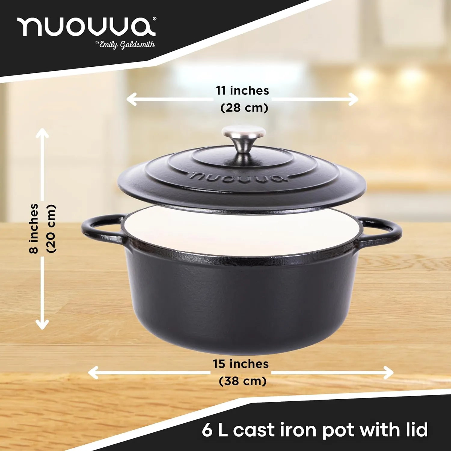 Nuovva Enamelled Cast Iron Dutch Oven Pot with Lid – 6.4 Quart Non Stick Casserole Pot – Heavy Duty & Oven Safe up to 500° F for Bread Baking, Braising, Stews, Roasting – 28cm Black