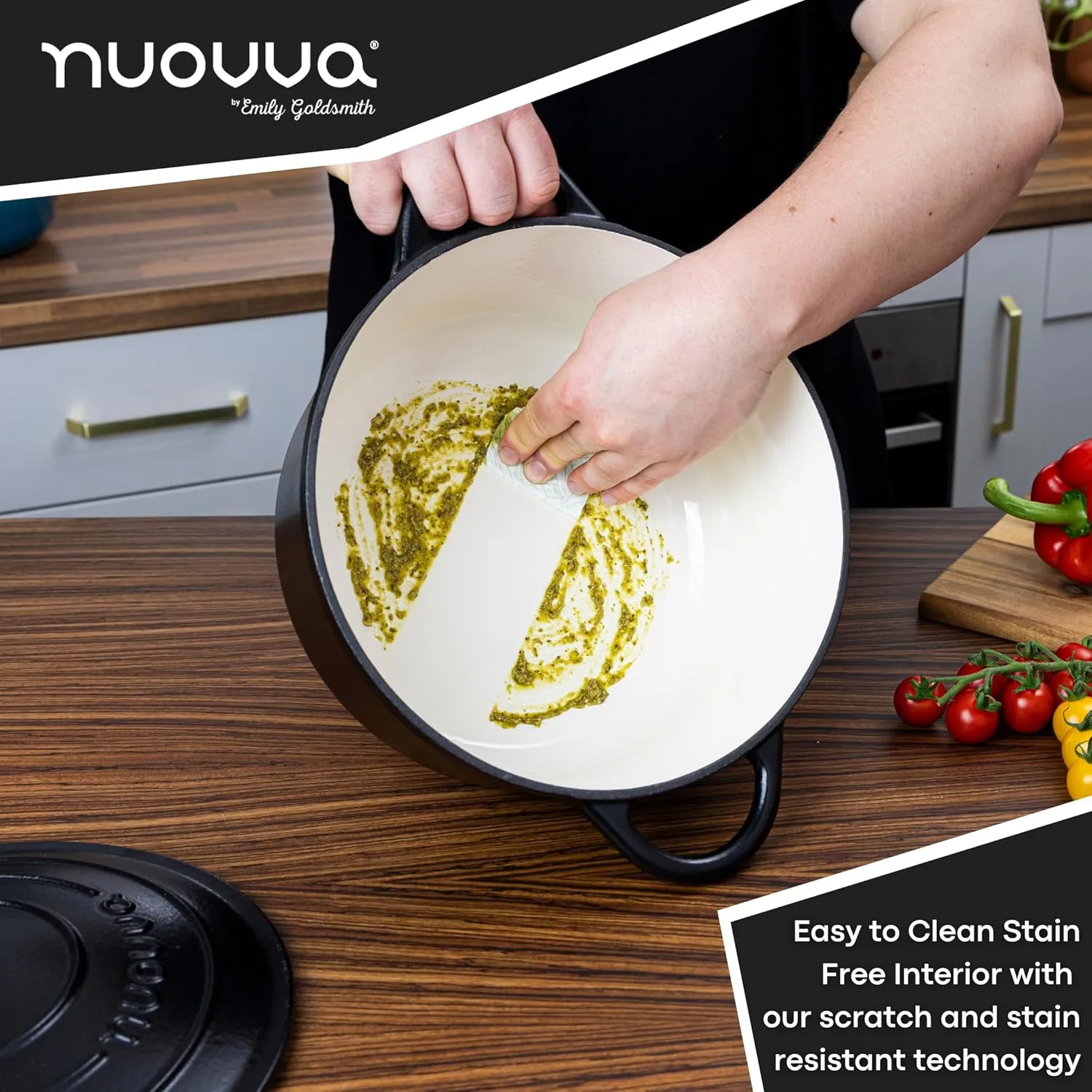 Nuovva Enamelled Cast Iron Dutch Oven Pot with Lid – 6.4 Quart Non Stick Casserole Pot – Heavy Duty & Oven Safe up to 500° F for Bread Baking, Braising, Stews, Roasting – 28cm Black