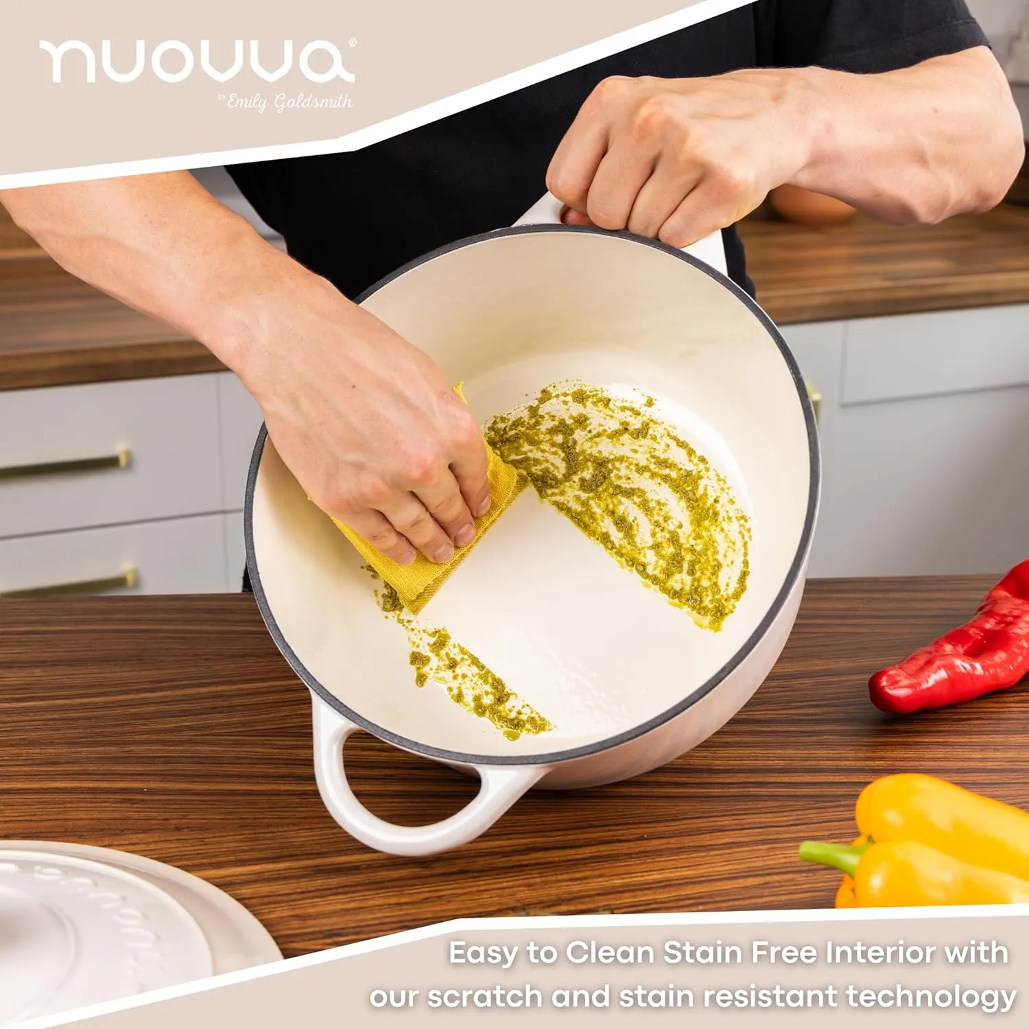 Nuovva Enamelled Cast Iron Dutch Oven Pot with Lid 6.4 Quart Non Stick Casserole Pot – Heavy Duty & Oven Safe up to 500° F for Bread Baking, Braising, Stews, Roasting – 28cm Oyster