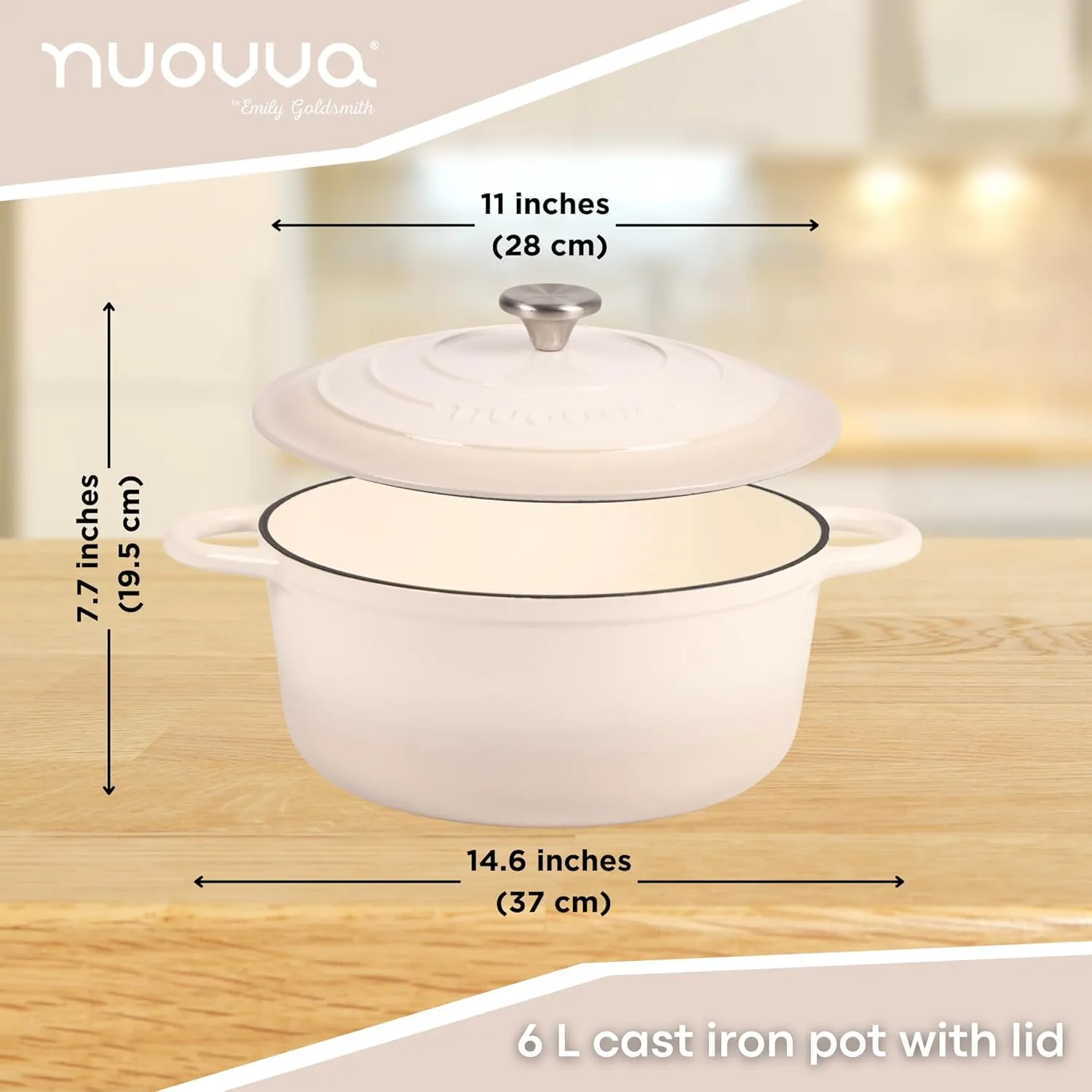 Nuovva Enamelled Cast Iron Dutch Oven Pot with Lid 6.4 Quart Non Stick Casserole Pot – Heavy Duty & Oven Safe up to 500° F for Bread Baking, Braising, Stews, Roasting – 28cm Oyster