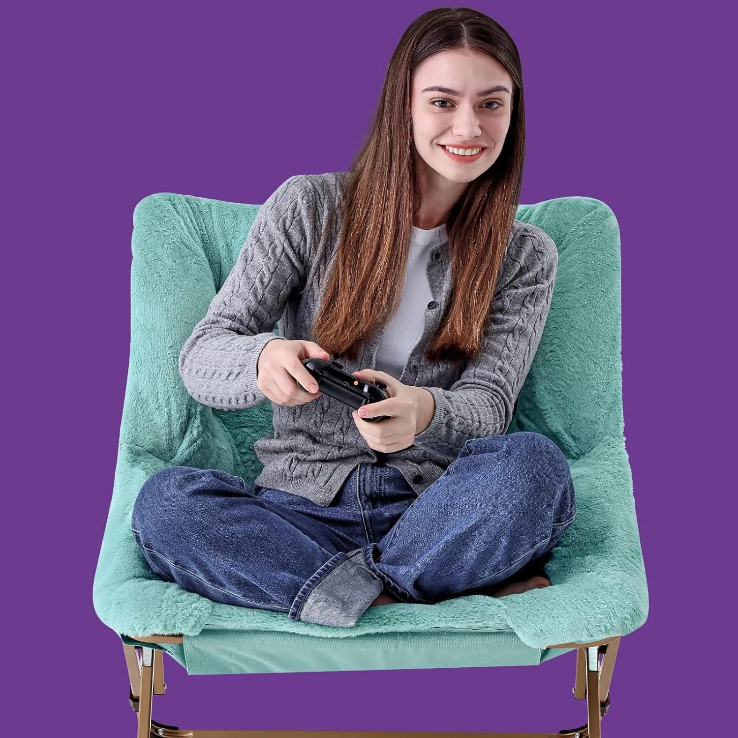 OAKHAM Comfy Chair for Adults, Soft Faux Fur Folding Lounge for Bedroom Living Room Dorm Rooms Flexible Reading Chair for Teens Kids, X-Large Foldable (Faux Fur-Mint)