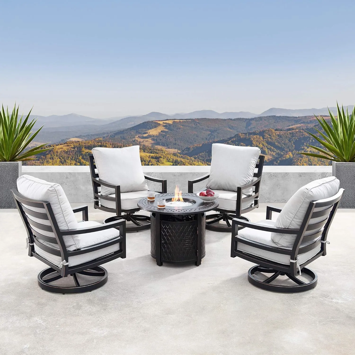 Oakland Living Aluminum 34 in. Round Fire Table Set with Four Deep Seating Swivel Rocking Chairs, Fire Beads, Lid and Fabric Covers