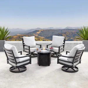 Oakland Living Aluminum 34 in. Round Fire Table Set with Four Deep Seating Swivel Rocking Chairs, Fire Beads, Lid and Fabric Covers