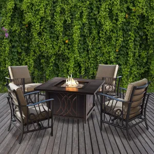 Oakland Living Aluminum 42-in Square Antique Copper Fire Table Set with Four Deep Seating Rocking Chairs, Fire Beads, Lid, Propane Tank Cover and Table Fabric Covers