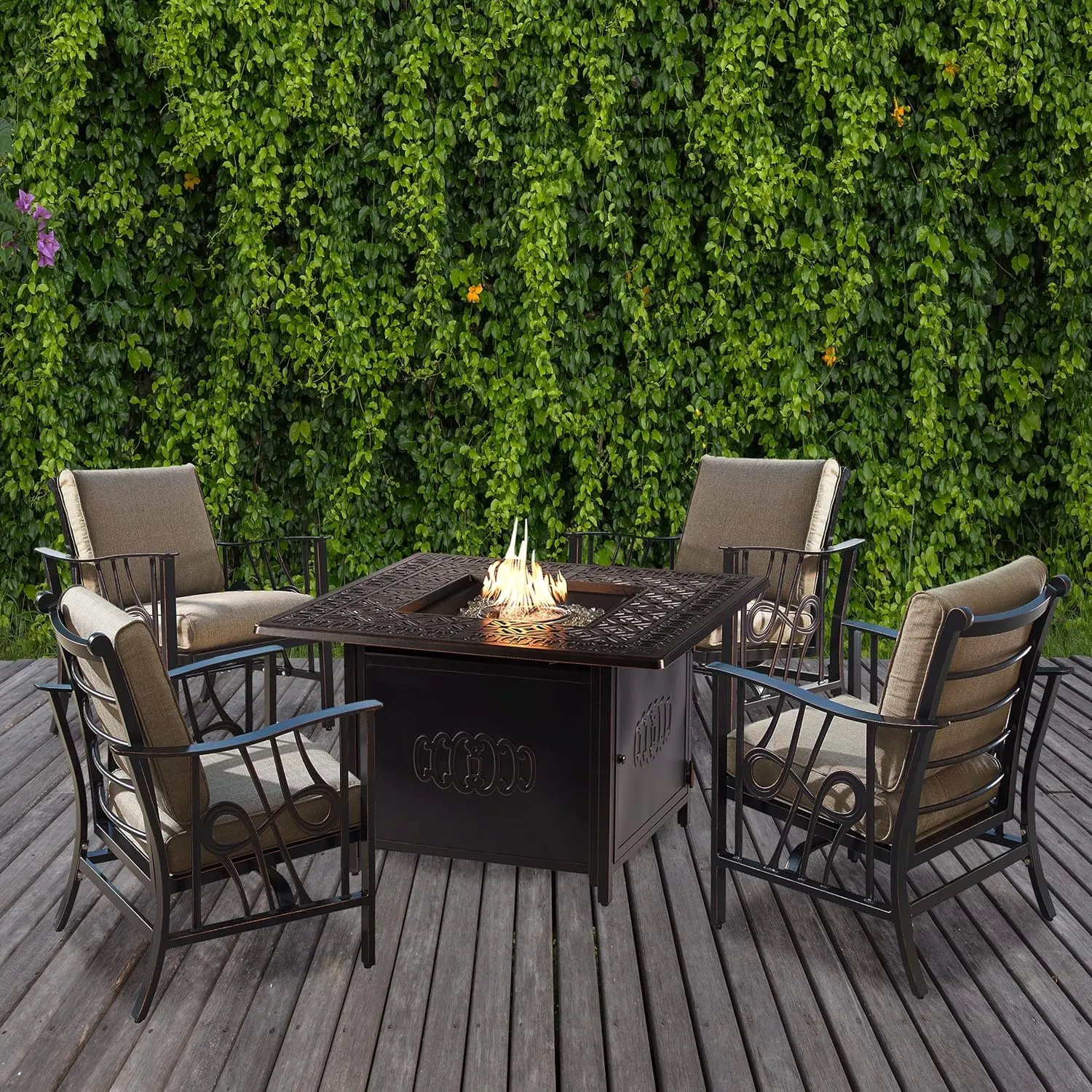 Oakland Living Aluminum 42-in Square Antique Copper Fire Table Set with Four Deep Seating Rocking Chairs, Fire Beads, Lid, Propane Tank Cover and Table Fabric Covers