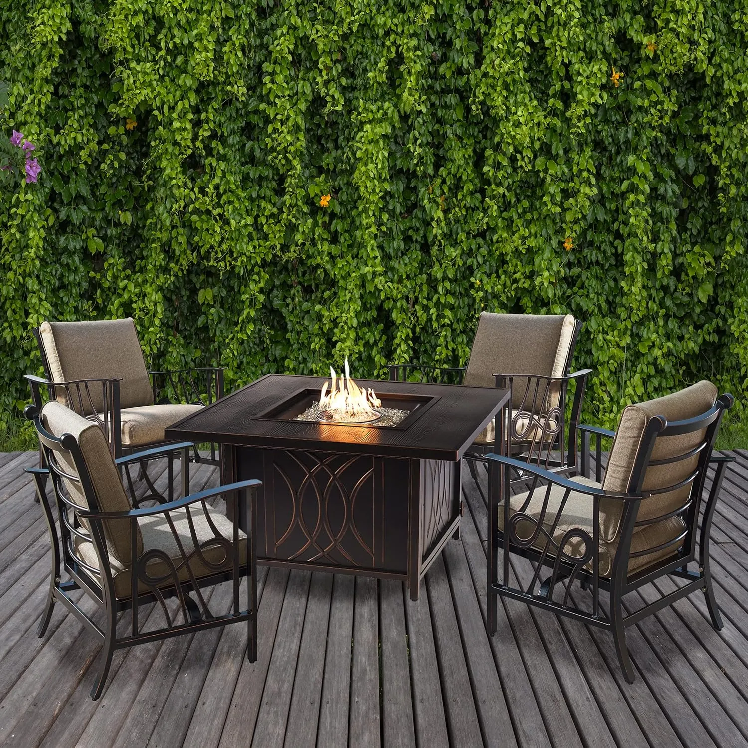 Oakland Living Aluminum 42-in Square Antique Copper Fire Table Set with Four Deep Seating Rocking Chairs, Fire Beads, Lid, Propane Tank Cover and Table Fabric Covers