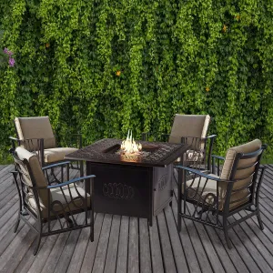 Oakland Living Aluminum 42-in Square Antique Copper Fire Table Set with Four Deep Seating Rocking Chairs, Fire Beads, Lid, Propane Tank Cover and Table Fabric Covers