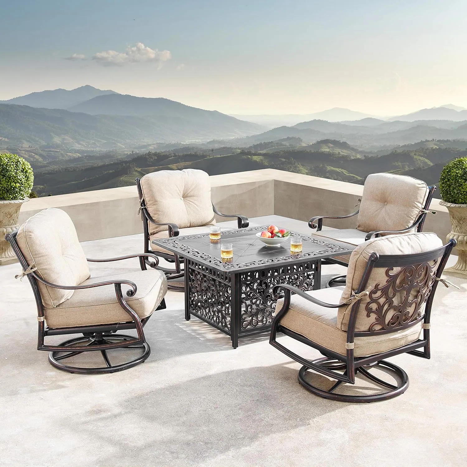 Oakland Living Aluminum 42 in. Square Fire Table Set with Four Deep Swivel Rockers, Fire Beads, Lid and Fabric Covers