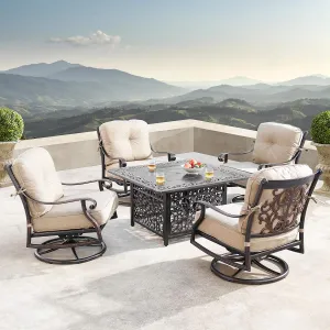 Oakland Living Aluminum 42 in. Square Fire Table Set with Four Deep Swivel Rockers, Fire Beads, Lid and Fabric Covers