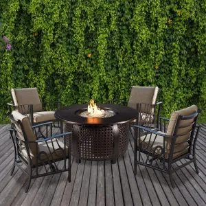 Oakland Living Aluminum 44-in Round Antique Copper Fire Table Set with Four Deep Seating Rocking Chairs, Fire Beads, Lid, Propane Tank Cover and Table Fabric Covers