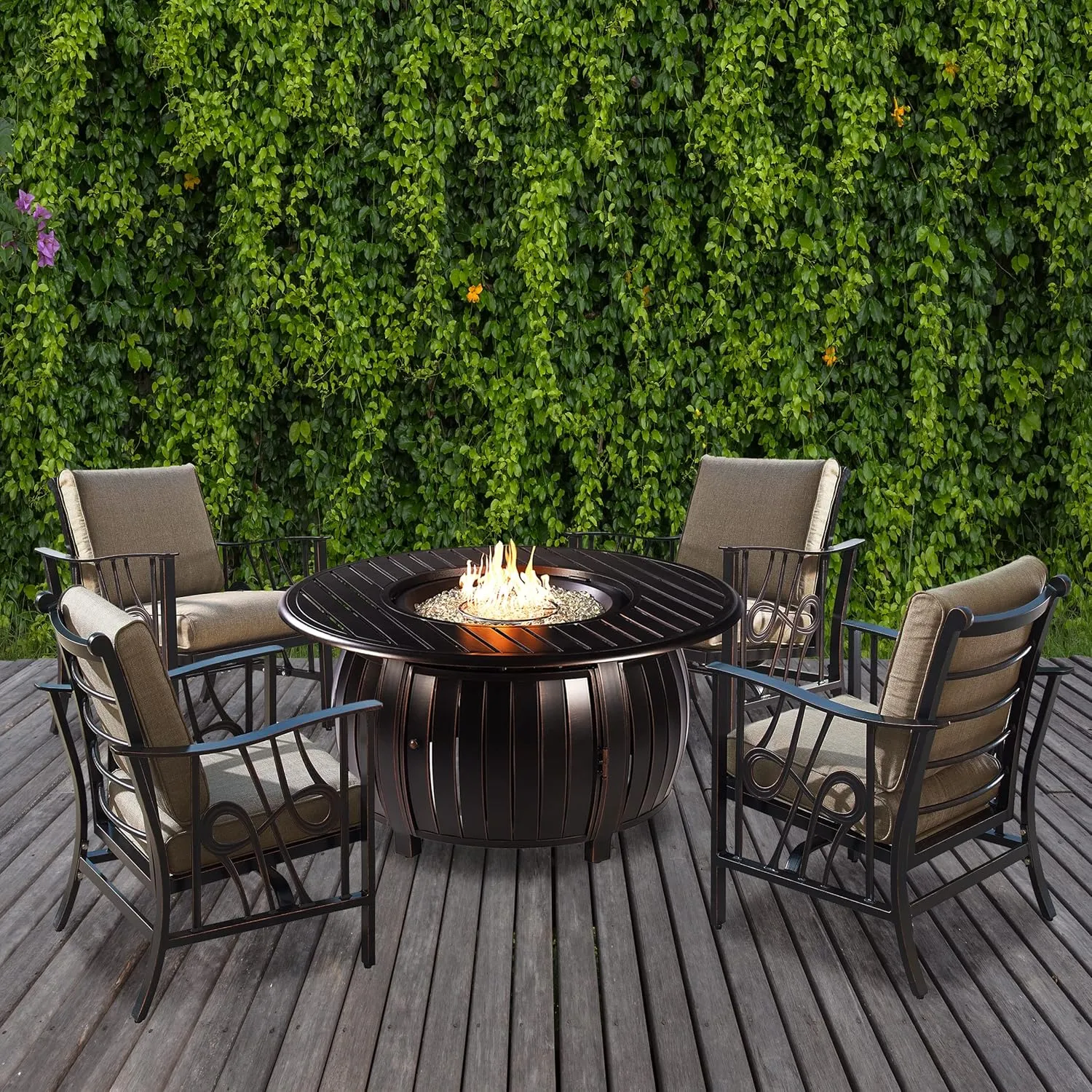 Oakland Living Aluminum 44-in Round Antique Copper Fire Table Set with Four Deep Seating Rocking Chairs, Fire Beads, Lid, Propane Tank Cover and Table Fabric Covers