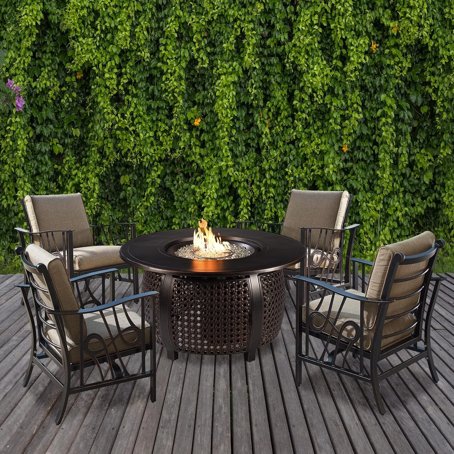 Oakland Living Aluminum 44-in Round Antique Copper Fire Table Set with Four Deep Seating Rocking Chairs, Fire Beads, Lid, Propane Tank Cover and Table Fabric Covers
