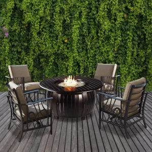 Oakland Living Aluminum 44-in Round Antique Copper Fire Table Set with Four Deep Seating Rocking Chairs, Fire Beads, Lid, Propane Tank Cover and Table Fabric Covers