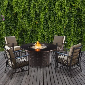 Oakland Living Aluminum 44-in Round Antique Copper Fire Table Set with Four Deep Seating Rocking Chairs, Fire Beads, Lid, Propane Tank Cover and Table Fabric Covers
