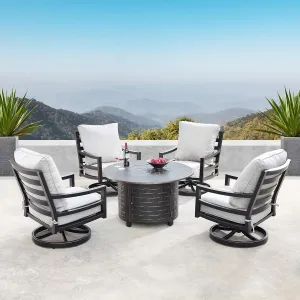 Oakland Living Aluminum 44 in. Round Fire Table Set Four Deep Seating Swivel Rockers, Fire Beads, Lid and Fabric Covers