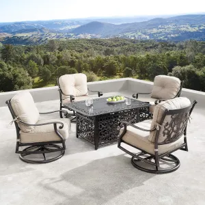 Oakland Living Aluminum 48 in. Rectangular Fire Table Set Four Deep Swivel Rockers, Fire Beads, Lid and Fabric Covers