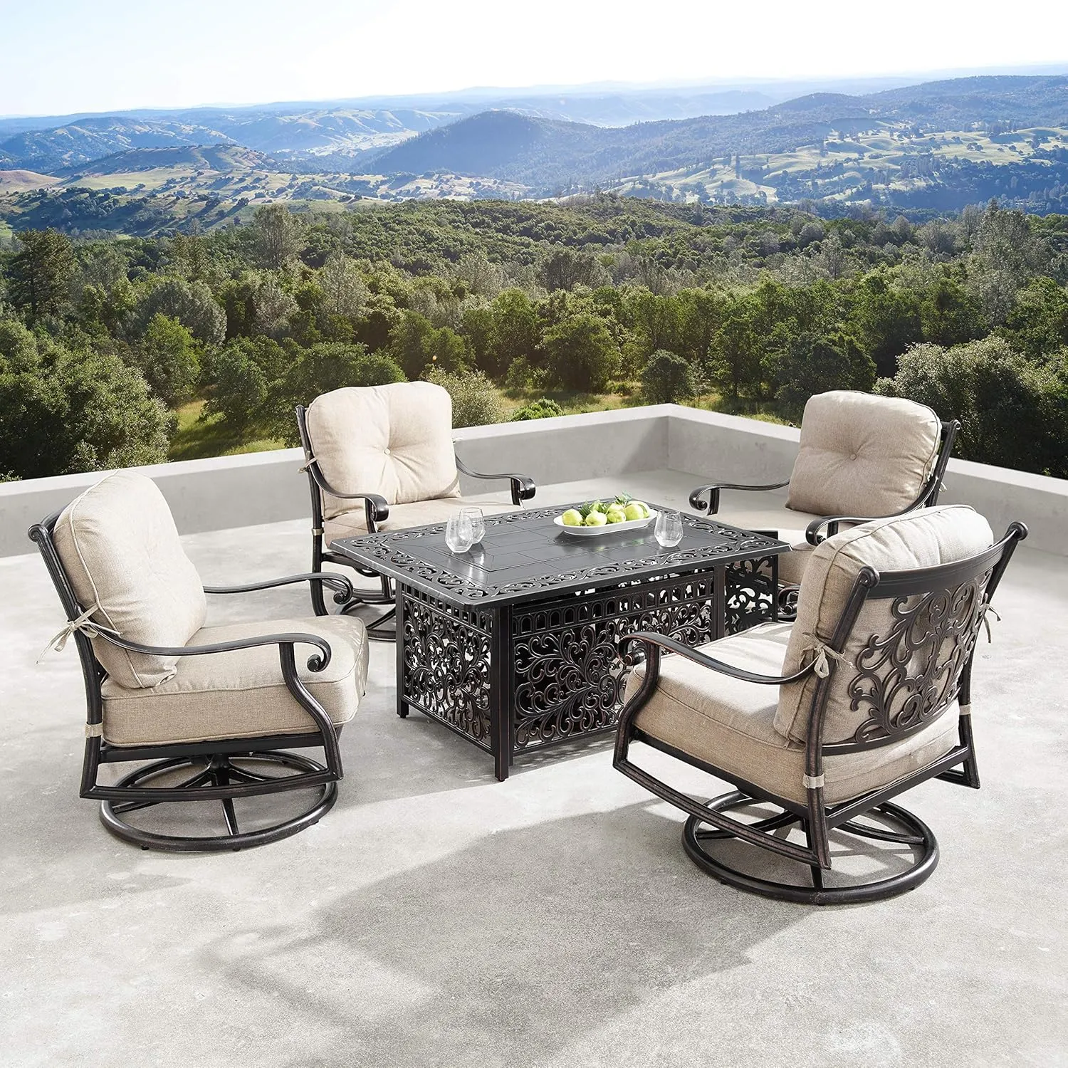 Oakland Living Aluminum 48 in. Rectangular Fire Table Set Four Deep Swivel Rockers, Fire Beads, Lid and Fabric Covers