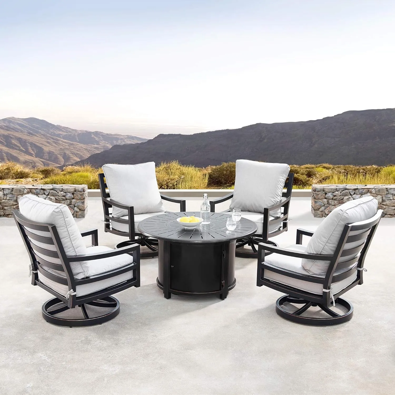Oakland Living AZHUDSON-NOBU-5PC-AC Aluminum 44 in. Round Table Four Deep Seating Swivel Rockers, Fire Beads, Lid and Fabric Covers Patio Furniture Set, Antique Copper