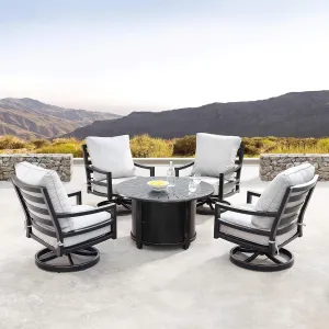 Oakland Living AZHUDSON-NOBU-5PC-AC Aluminum 44 in. Round Table Four Deep Seating Swivel Rockers, Fire Beads, Lid and Fabric Covers Patio Furniture Set, Antique Copper